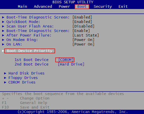 Choose the BOOT option and choose Boot Device Priority and set first boot device to CDROM.