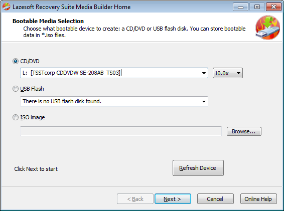 Lazesotft Recovery Suite bootable media builder Select CD/DVD drive.