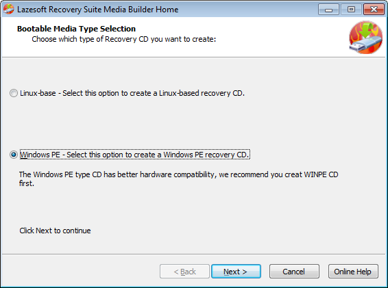 Lazesotft Recovery Suite bootable media builder choose type of Recovery CD.