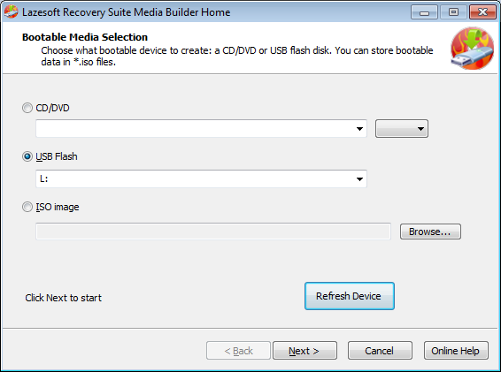 Lazesotft Recovery Suite bootable media builder media selection page