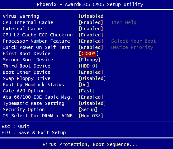 Choose Boot Device first to CDROM